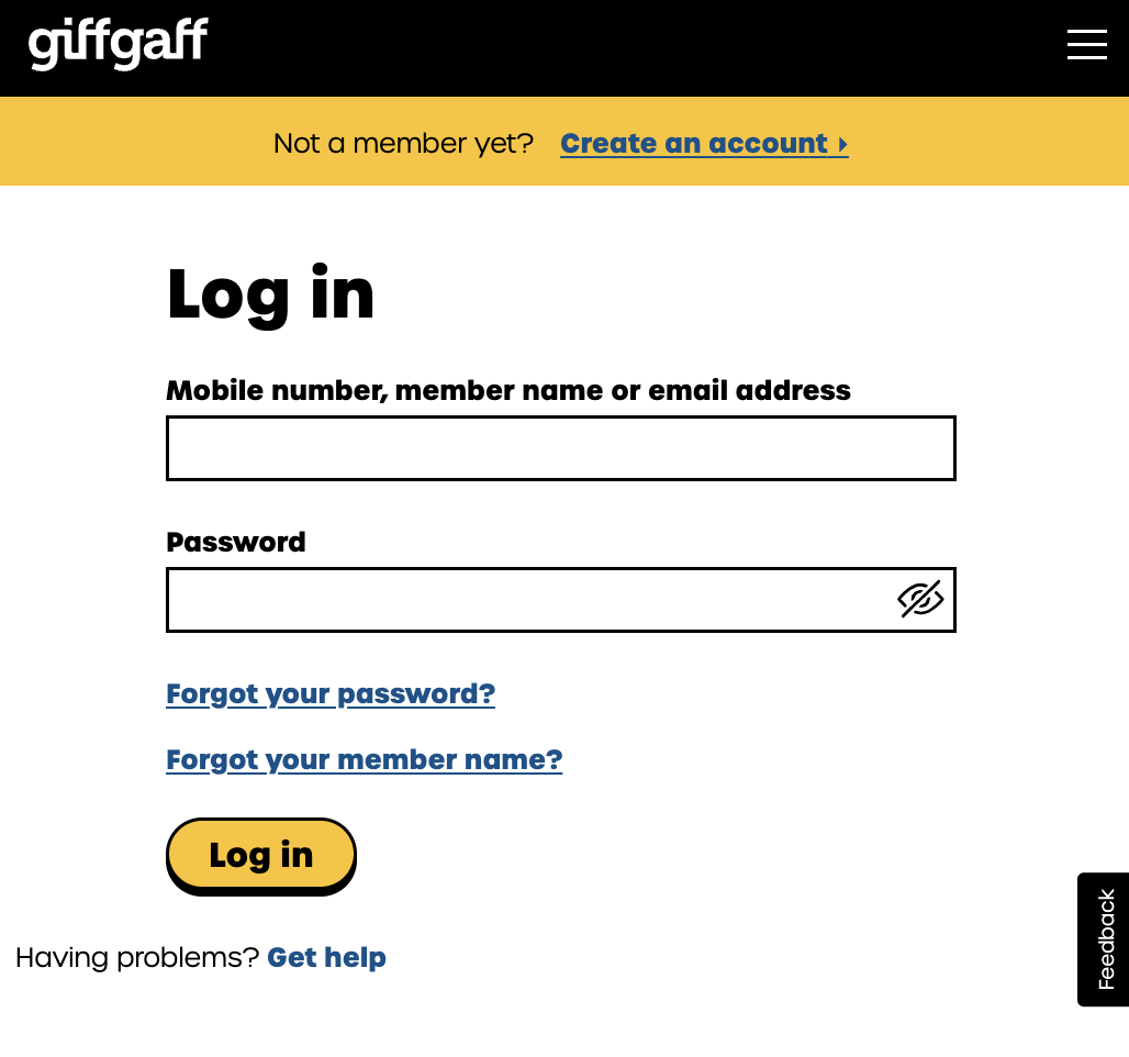 Giffgaff 登录界面示例